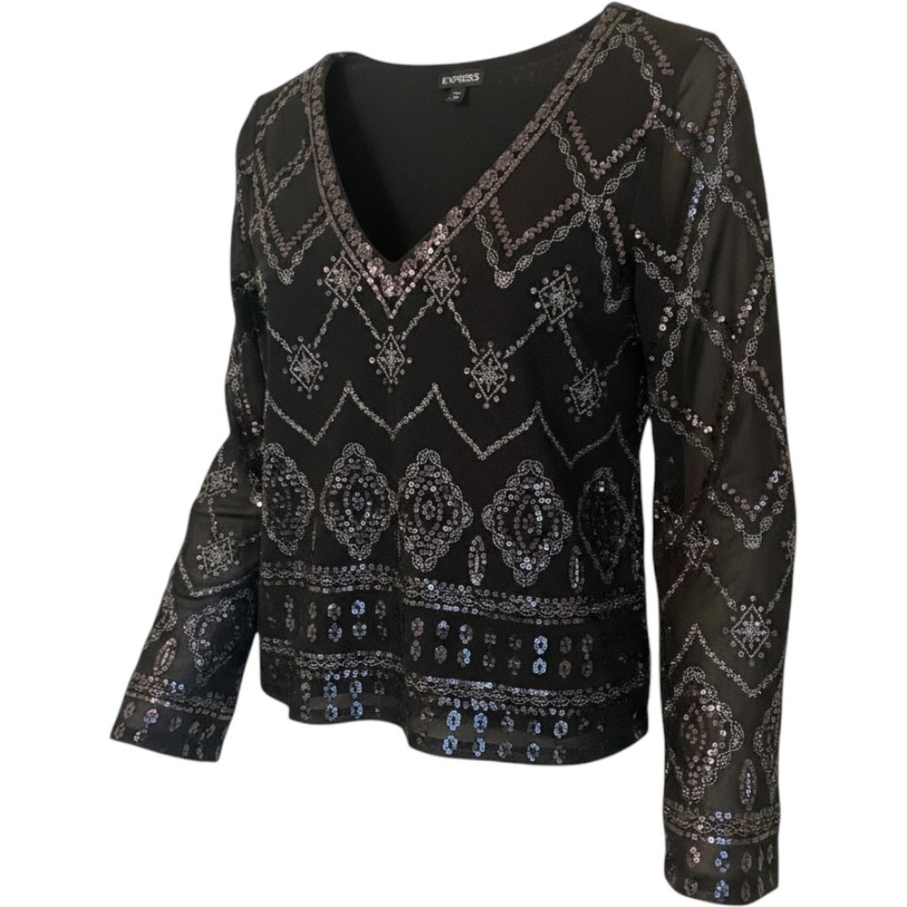 Express XS Black Mesh Flare Sleeve Top Sequin Glitter Ethnic Whimsigoth Glam